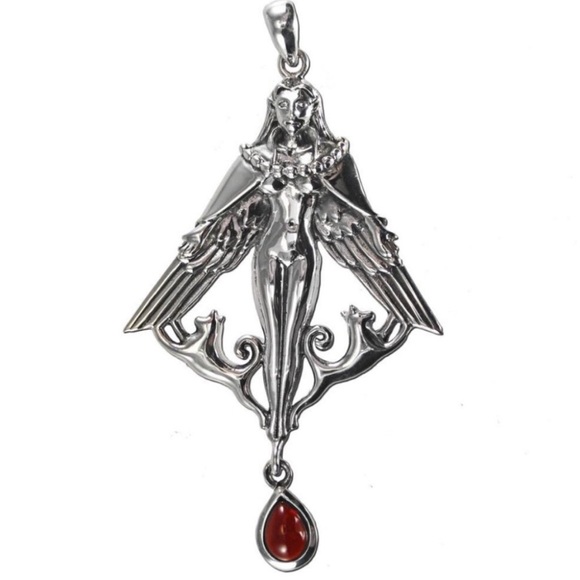 Large Freya Viking Goddess Pendant in .925 Sterling Silver with Garnet drop - Picture 3 of 13